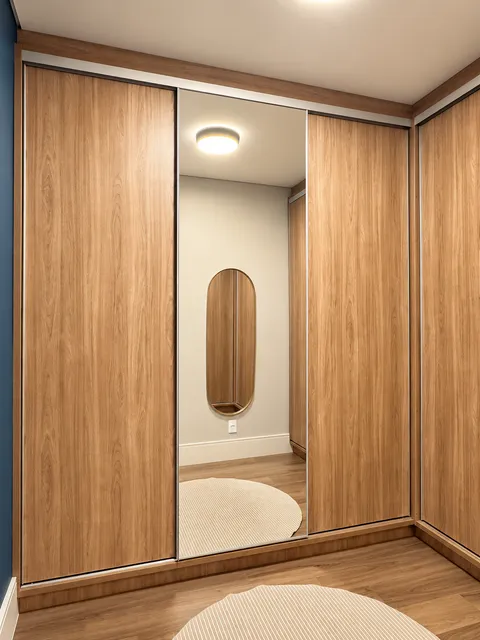 Closet &mdash; Closet em L com Portas de Correr Amadeiradas e Espelhadas