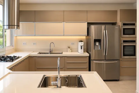 Cozinhas &mdash; Cozinha Planejada em Fendi com Armários Reflecta e Iluminação LED