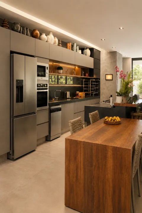 Cozinhas &mdash; Cozinha Planejada em Fendi com Ilha Central e Torre Quente