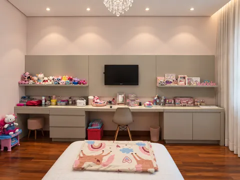 Dormitórios - Solteiro e Infantil &mdash; Quarto Infantil Menina com Bancada de Estudos e Penteadeira