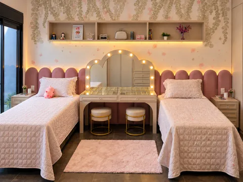 Dormitórios - Solteiro e Infantil &mdash; Quarto Infantil Duplo com Penteadeira Camarim Central