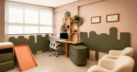 Espaço Comercial &mdash; Consultório Infantil com Rampa Trocador e Estante Árvore