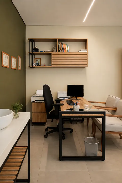 Espaço Comercial &mdash; Mesa de Atendimento Clínico e Estante Suspensa em Estilo Industrial