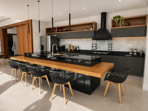 Lazer &mdash; Espaço Gourmet com Ilha em Granito Preto e Mesa de Madeira Maciça