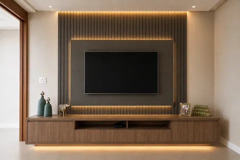 Salas &mdash; Home Theater Elegance com Painel Ripado Grafite e LED Indireto